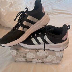 Adidas Black and White Running Shoes with Pink Detail